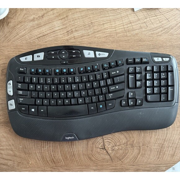 Logitech K350 Black Wave Wireless Keyboard With Dongle Ergonomic Cleaned Tested - Picture 1 of 2